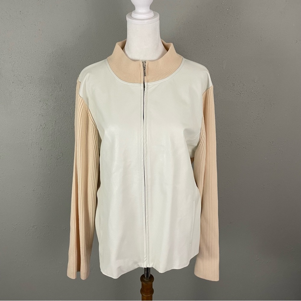 Pendleton Sweater Jacket Leather & Merino Wool Knit XL Cream Womens Pockets Zip